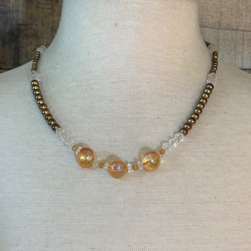 Handmade Honey  Glass Beaded Necklace Bronze Metallic Accents Magnetic Clasp 19"